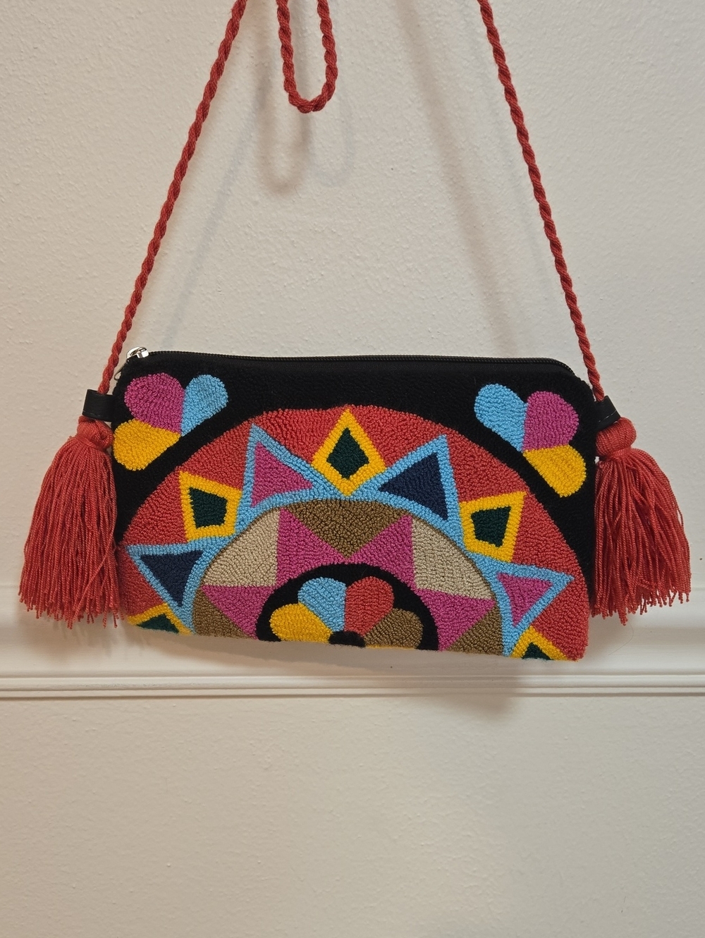 Wayuu Tribe Black Multicolor Embroidered Wristlet with Red Tassel Strap